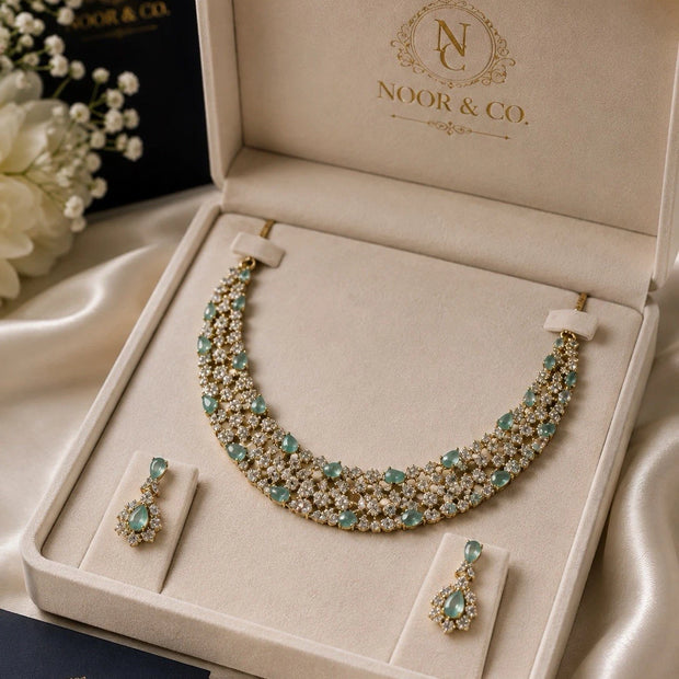 Ruby Radiance & Mint Garden American Diamond Necklace Set
