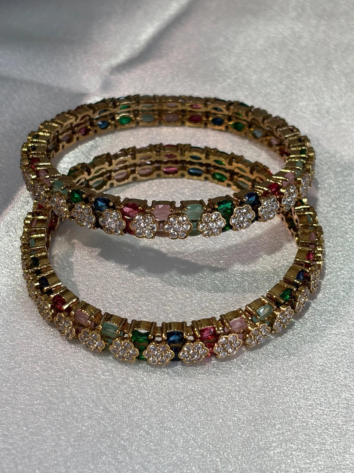Multicolor CZ Flower Gold Tone Bangle Set Size 2.10 Indian Pakistani Jewelry