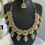 Mint Green CZ Necklace & Earrings Set Silver Tone Pakistani Jewelry