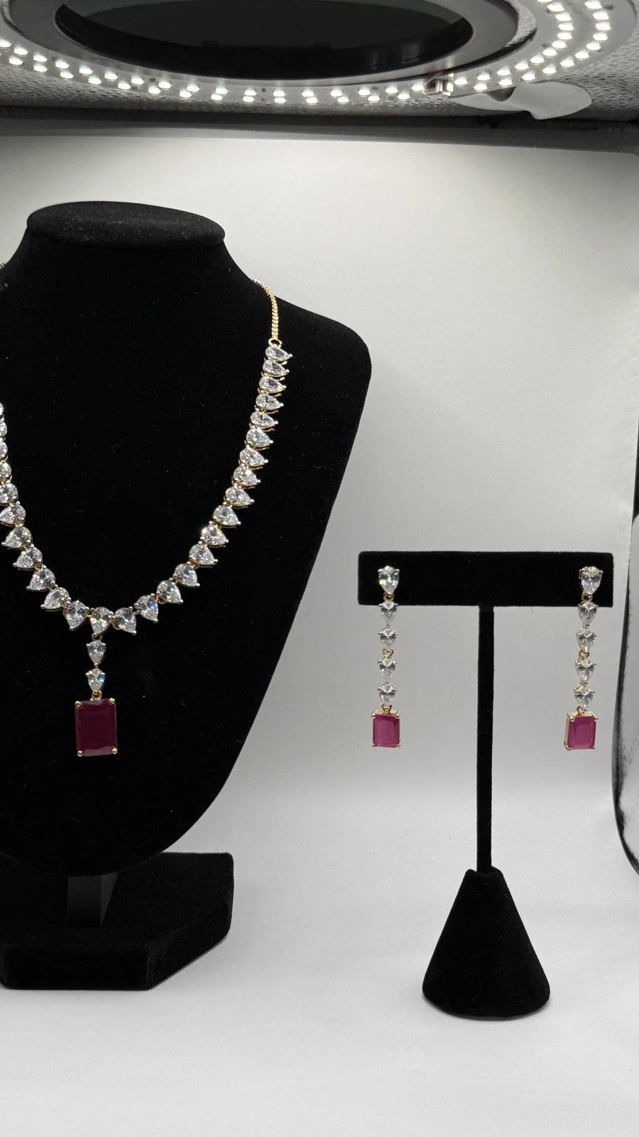 Ruby Red CZ Necklace Set with Matching Drop Earrings | Elegant Bridal Jewelry |