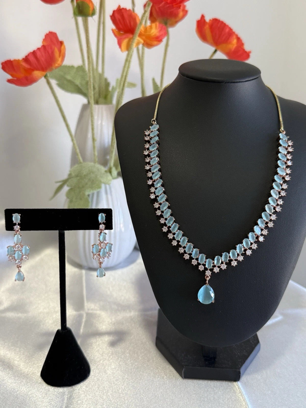 Aqua Blue Crystal Necklace & Earrings Set Rose Gold Tone Jewelry