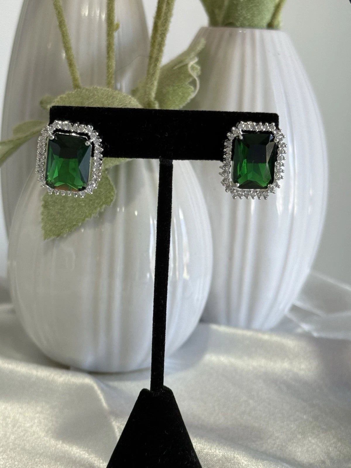 Emerald Green CZ Rectangle Stud Earrings Silver Tone Party Jewelry