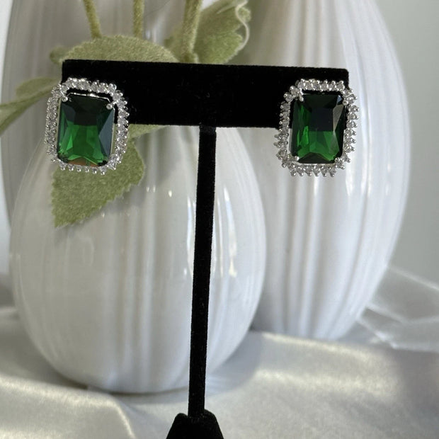 Emerald Green CZ Rectangle Stud Earrings Silver Tone Party Jewelry