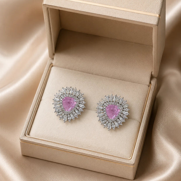 Pink & Green Stone Halo Stud Earrings Silver Tone CZ Statement Jewelry