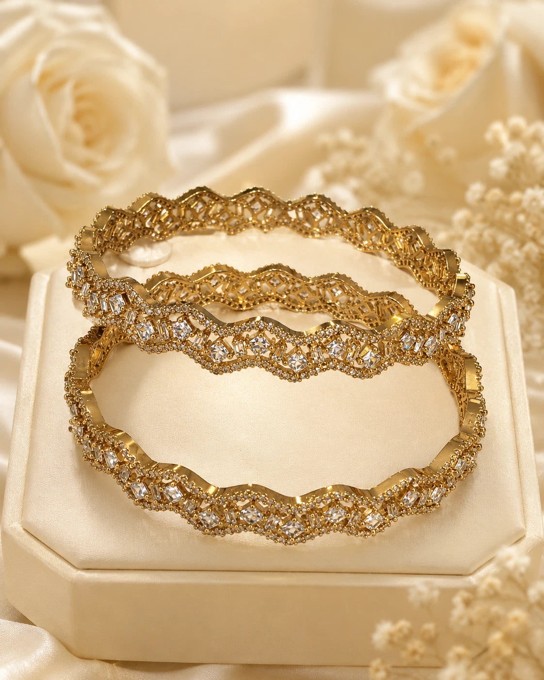 Gold Tone American Diamond Bangles Set Size 2.10 Elegant Wavy Crystal Design
