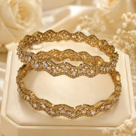 Gold Tone American Diamond Bangles Set Size 2.10 Elegant Wavy Crystal Design