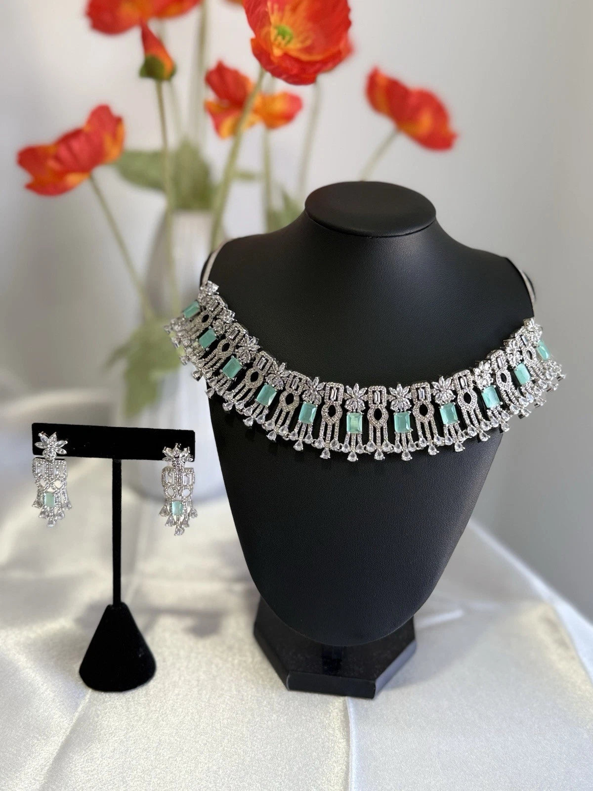 Mint Green CZ Choker Necklace Earrings Set Silver Tone Pakistani Jewelry