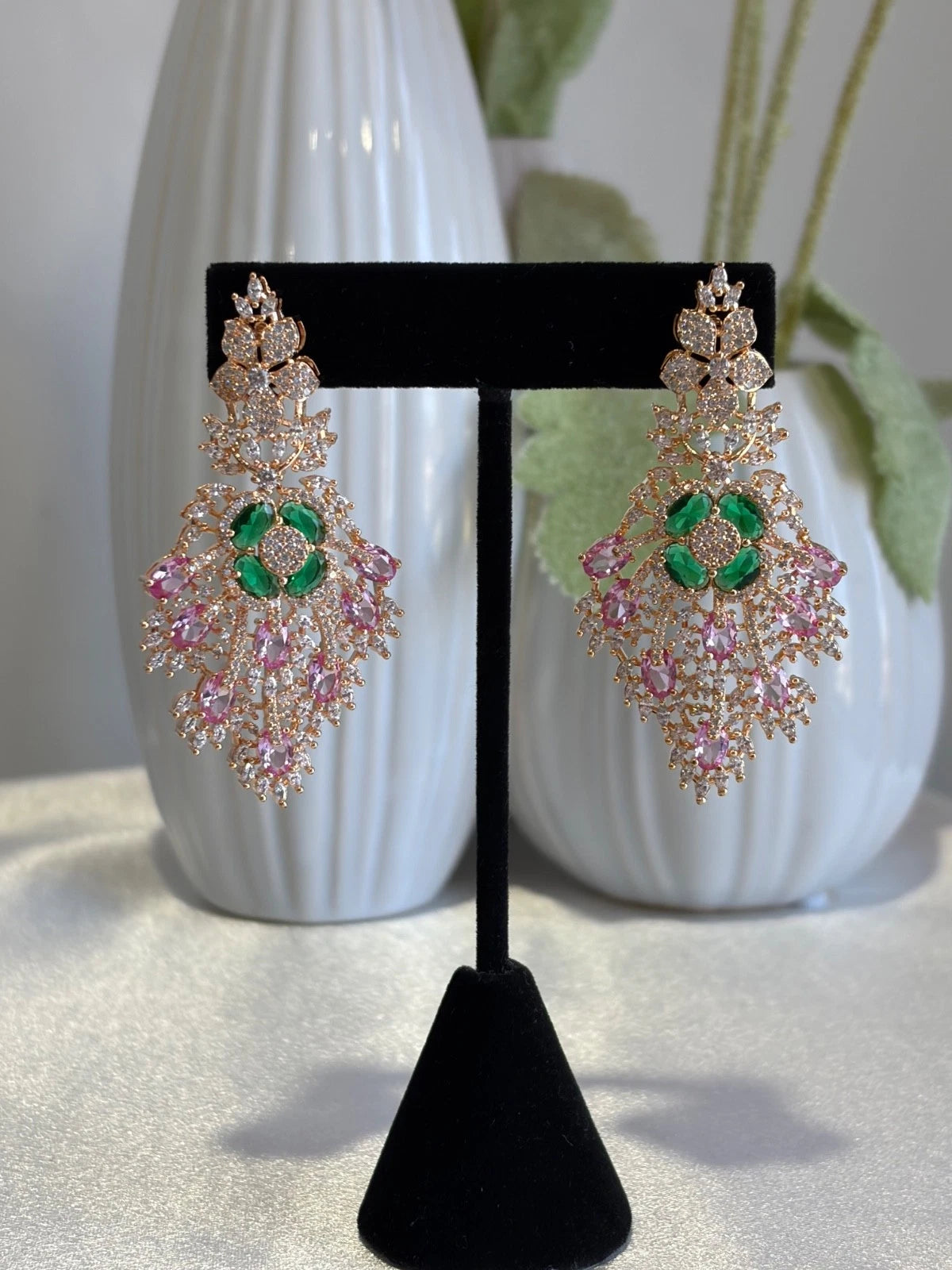 Green Pink CZ Gold Tone Chandelier Earrings Pakistani Indian Bridal Jewelry