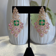 Green Pink CZ Gold Tone Chandelier Earrings Pakistani Indian Bridal Jewelry