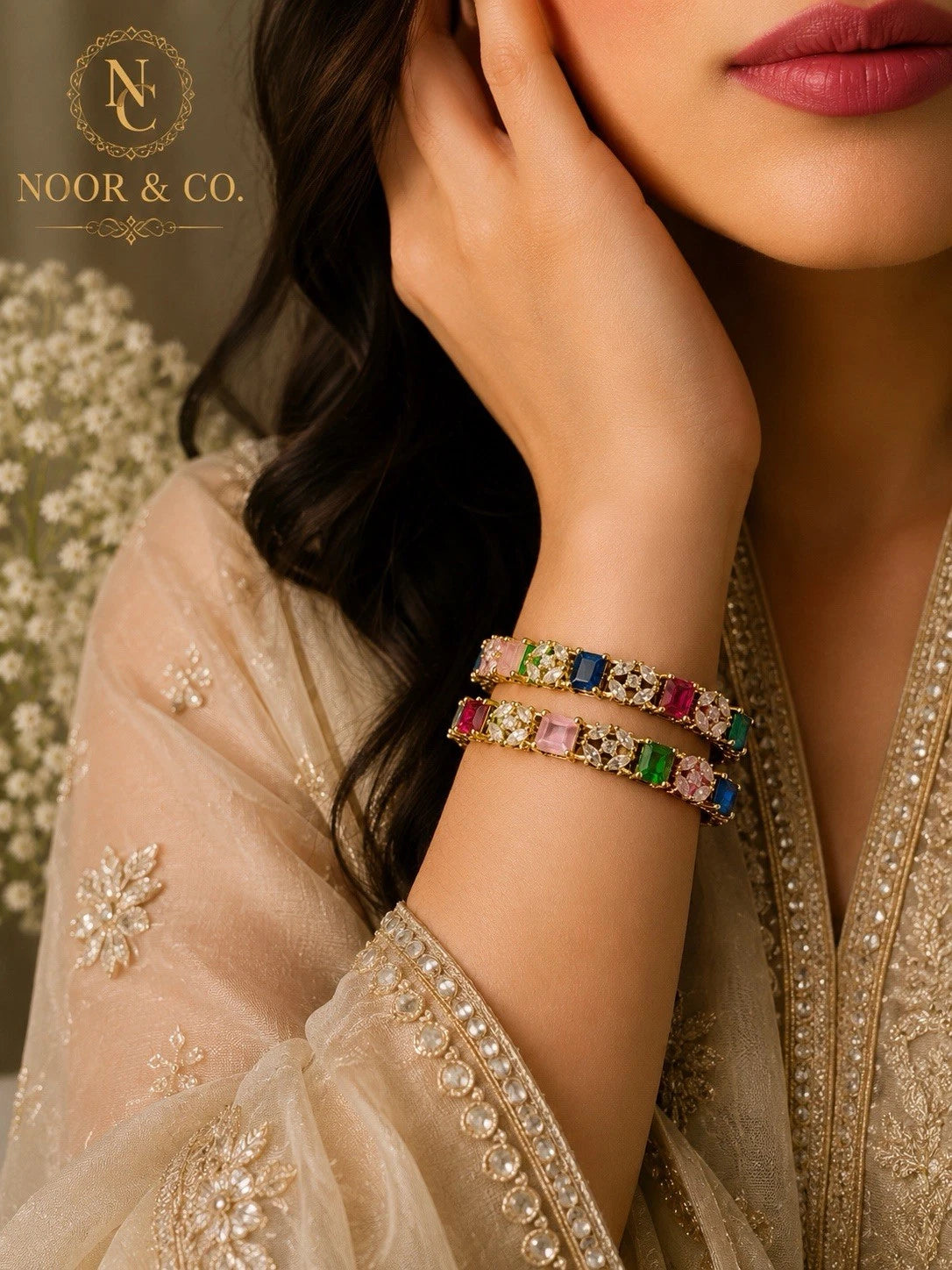 Aurora Multicolor CZ Statement Bangles – Premium Gold Finish (Pair)