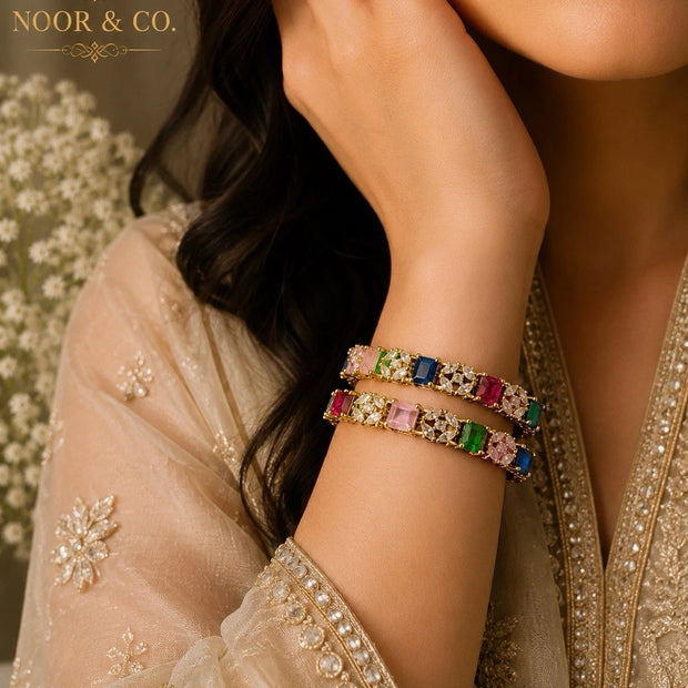 Aurora Multicolor CZ Statement Bangles – Premium Gold Finish (Pair)