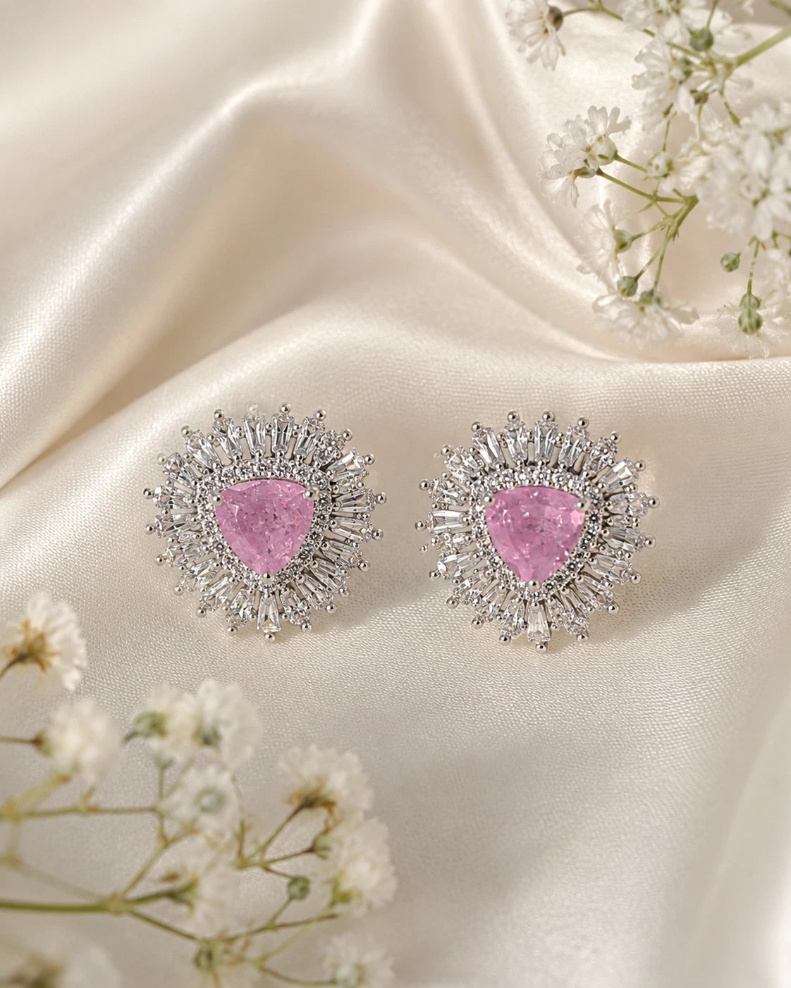 Pink & Green Stone Halo Stud Earrings Silver Tone CZ Statement Jewelry