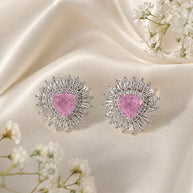 Pink & Green Stone Halo Stud Earrings Silver Tone CZ Statement Jewelry