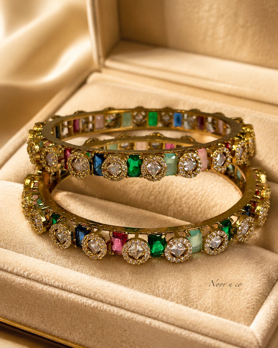 Multicolor CZ Gold Tone Bangle Set Size 2.10 Pakistani Indian Bridal Party Jewel
