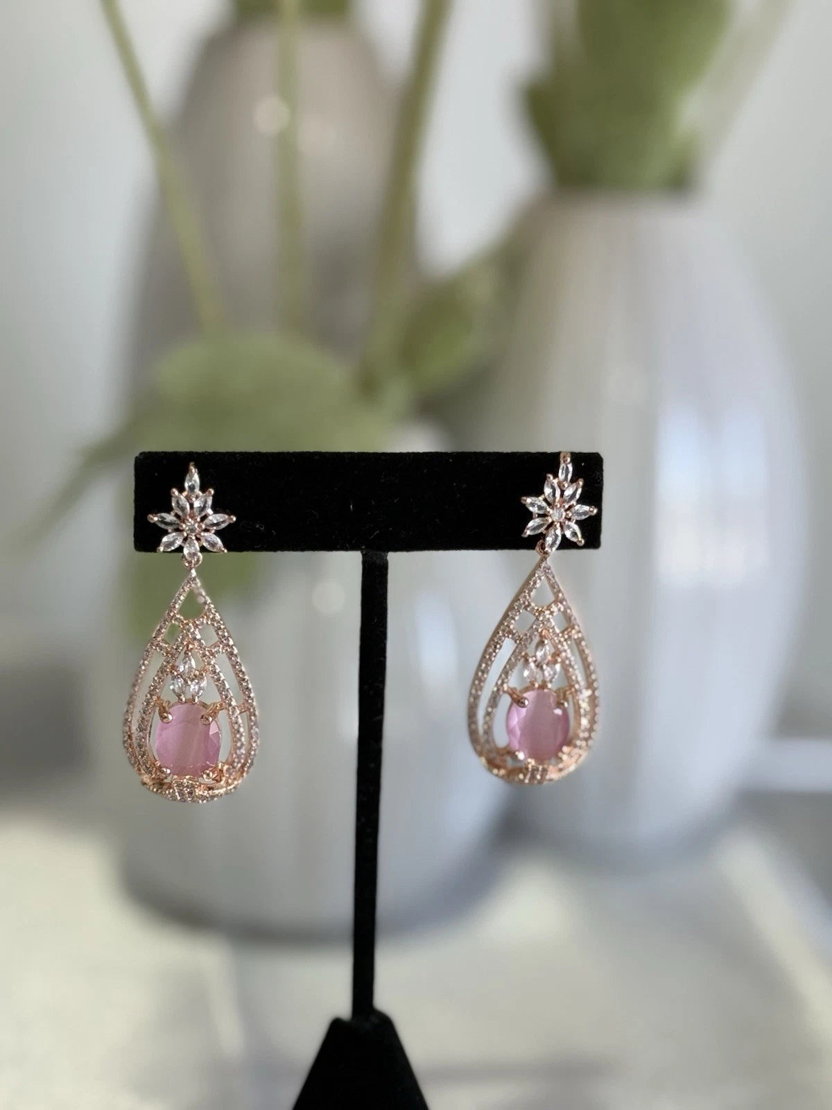 Baby Pink CZ Teardrop Earrings Rose Gold Tone Party Jewelry