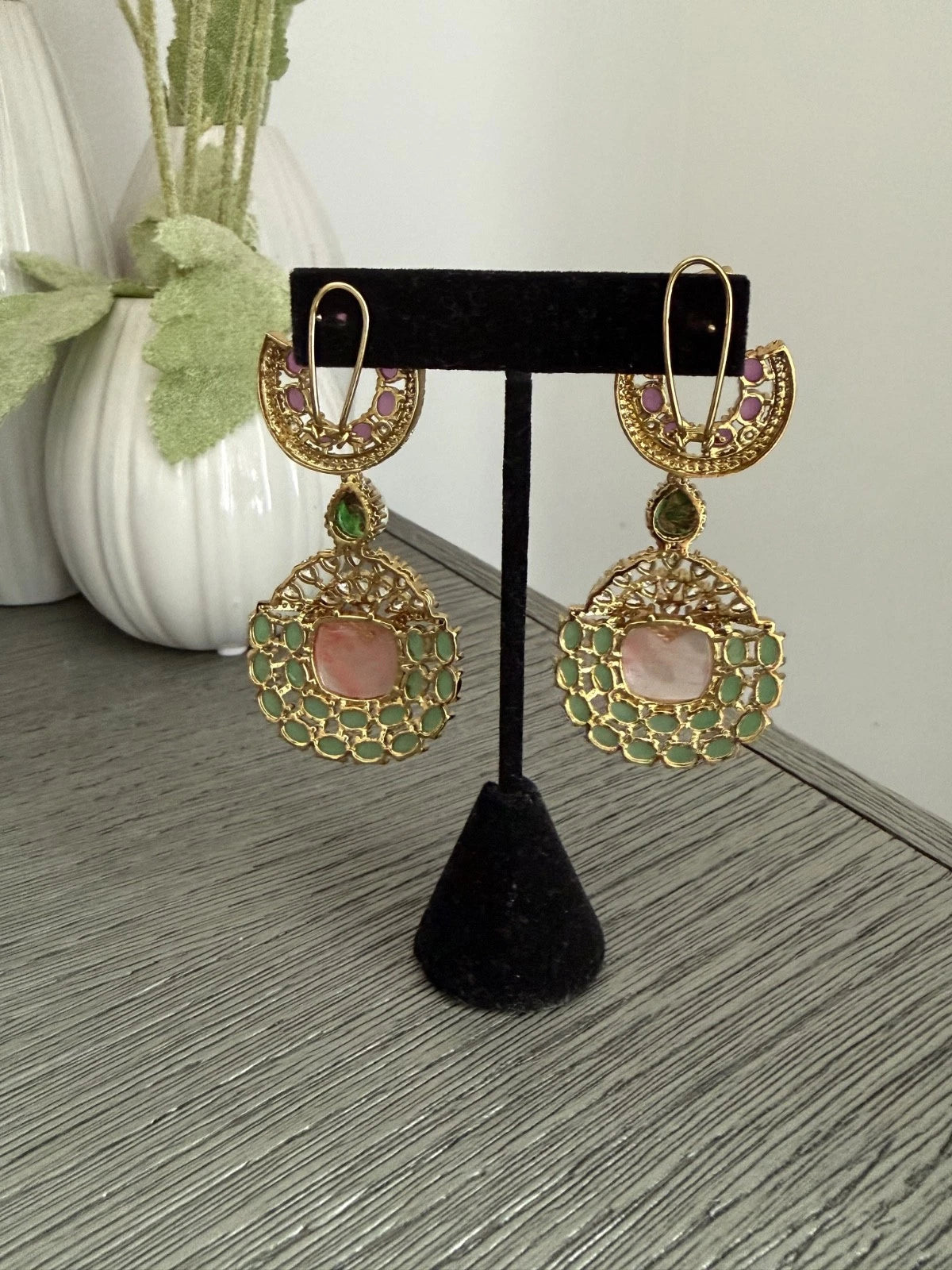 Luxury Pink & Green Statement Earrings | Pakistani Jewelry | Bridal Earrings