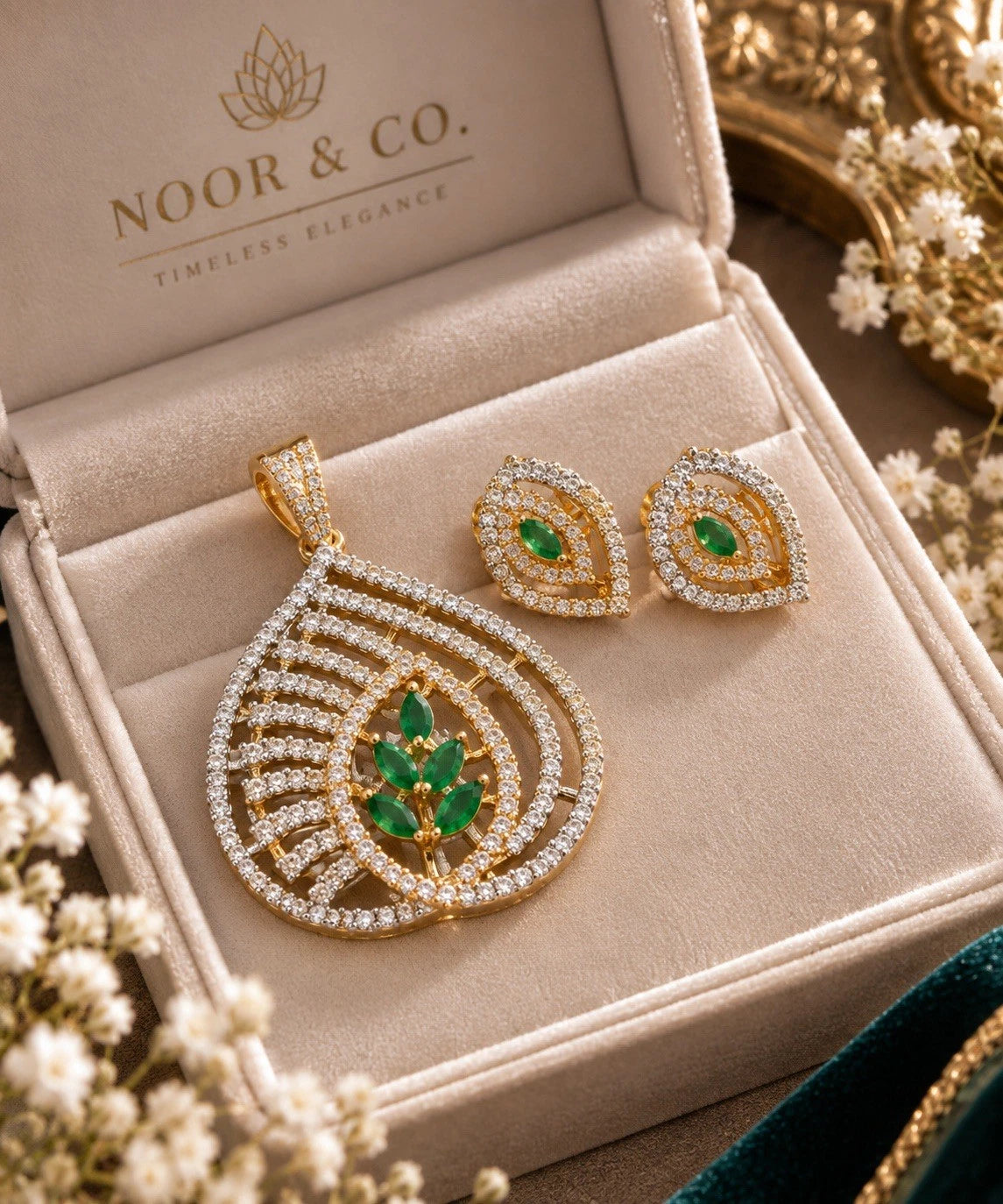 Elegant Emerald Green Pendant Set with Earrings & Chain