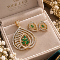 Elegant Emerald Green Pendant Set with Earrings & Chain