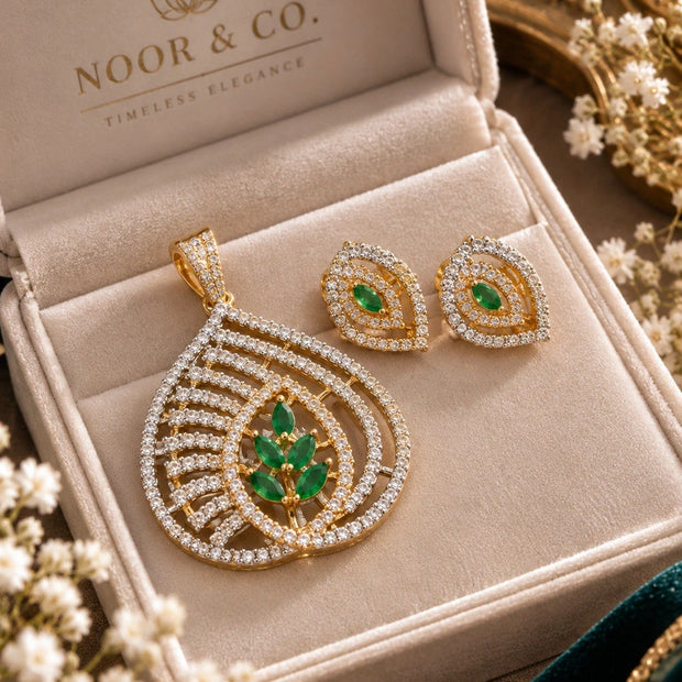 Elegant Emerald Green Pendant Set with Earrings & Chain