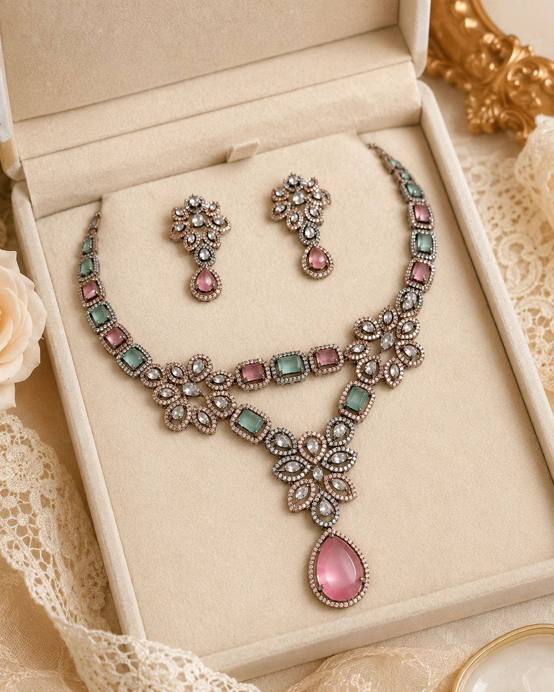 Vintage Inspired Pink- Green Crystal Jewelry Set – Statement Necklace & Earrings