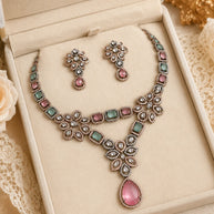 Vintage Inspired Pink- Green Crystal Jewelry Set – Statement Necklace & Earrings