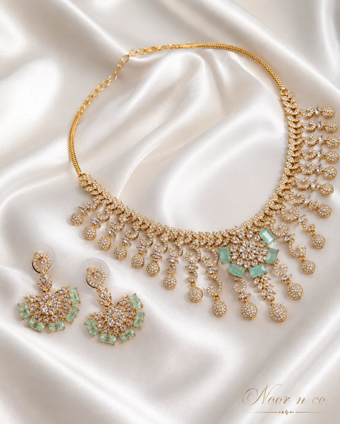 Gold Tone Mint Green CZ Necklace Earrings Set Indian Pakistani Bridal Jewelry