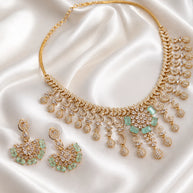 Gold Tone Mint Green CZ Necklace Earrings Set Indian Pakistani Bridal Jewelry