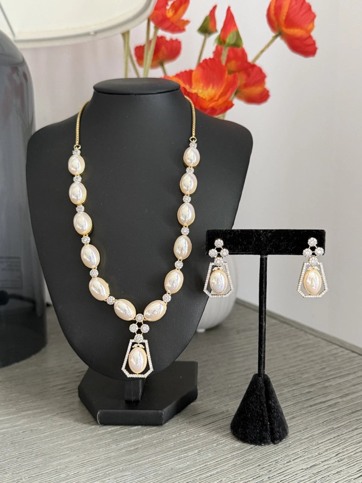 Elegant Pearl & Crystal Statement Jewelry Set | Gold Tone Necklace and Earrings