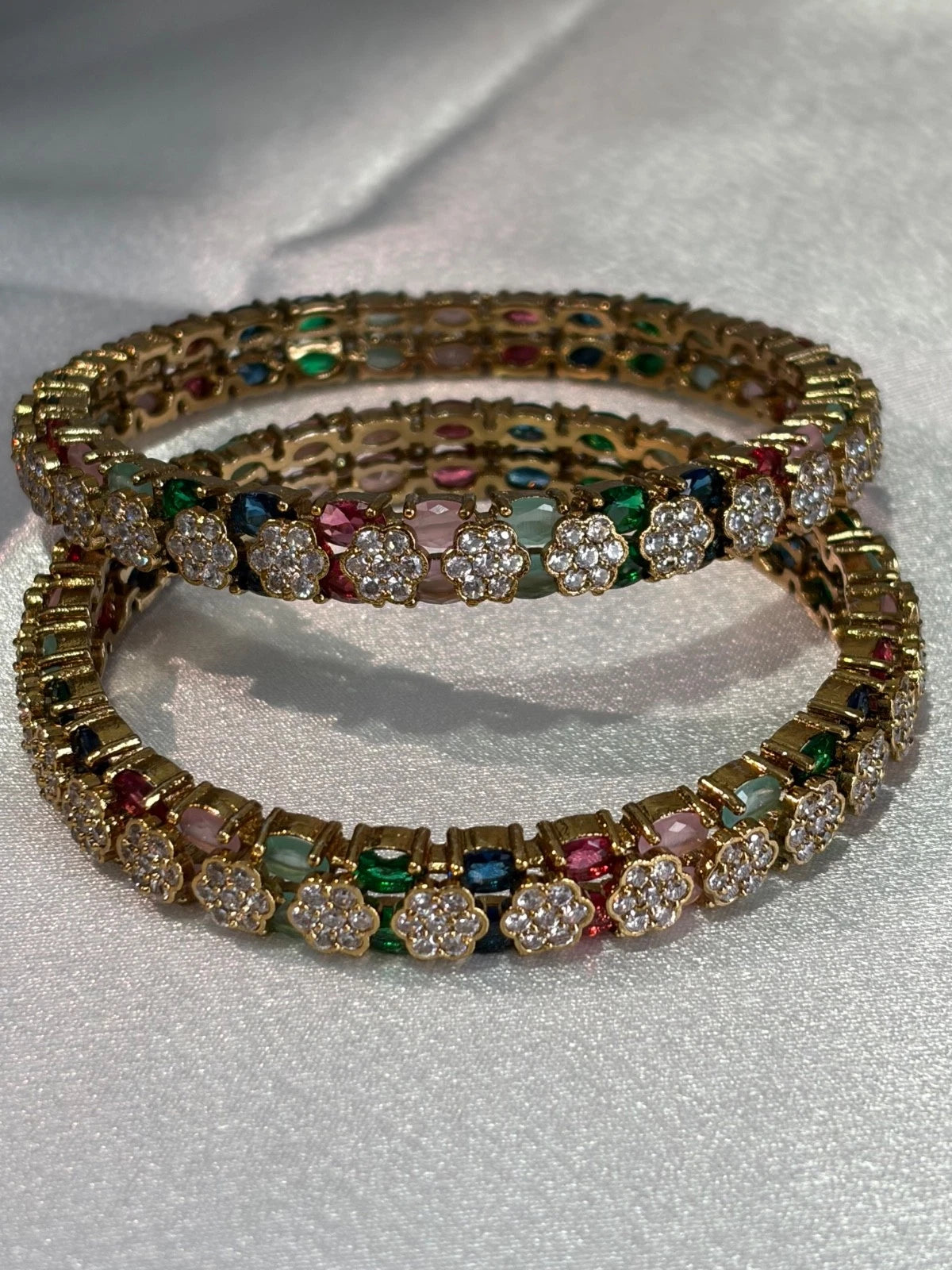 Multicolor CZ Flower Gold Tone Bangle Set Size 2.10 Indian Pakistani Jewelry
