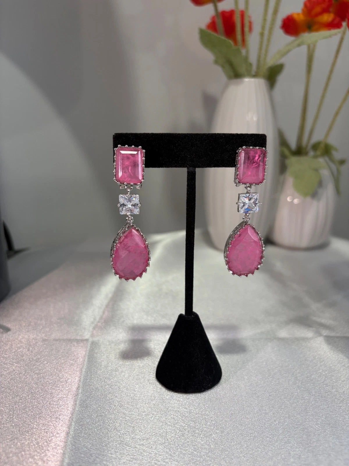 Pink CZ Silver Tone Drop Earrings Indian Pakistani Statement Jewelry