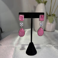 Pink CZ Silver Tone Drop Earrings Indian Pakistani Statement Jewelry
