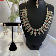 Pastel Pink Mint CZ Necklace Earrings Tikka Set Gold Tone Jewelry