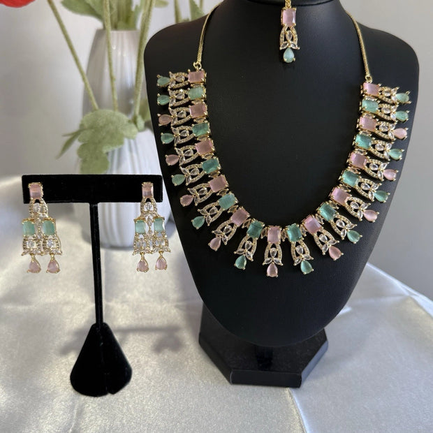 Pastel Pink Mint CZ Necklace Earrings Tikka Set Gold Tone Jewelry