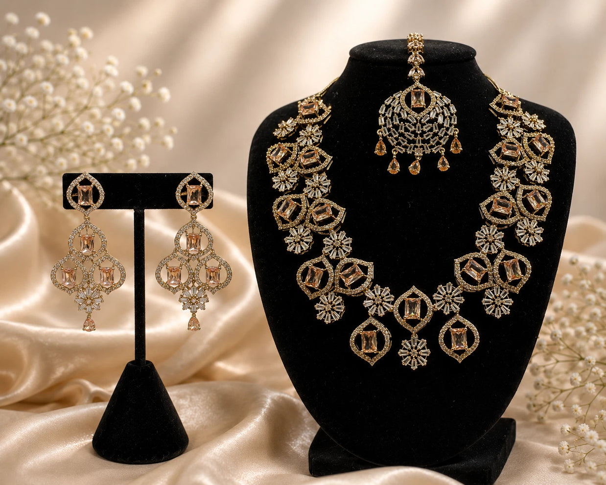 Elegant Champagne Gold Jewelry Set with Matching Earrings & Tikka