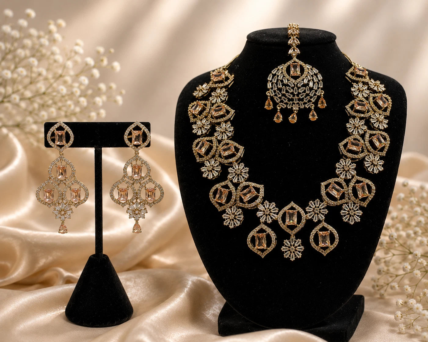 Elegant Champagne Gold Jewelry Set with Matching Earrings & Tikka