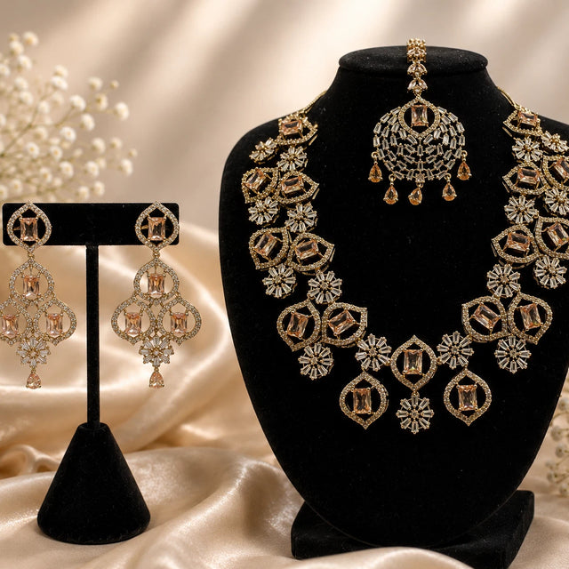 Elegant Champagne Gold Jewelry Set with Matching Earrings & Tikka