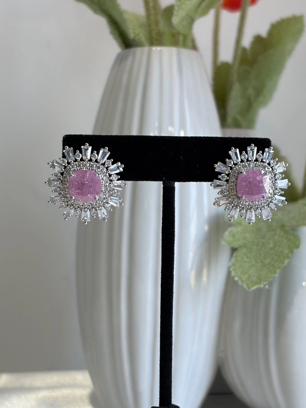 Pink Stone CZ Silver Tone Halo Stud Earrings Pakistani Indian Jewelry