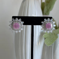 Pink Stone CZ Silver Tone Halo Stud Earrings Pakistani Indian Jewelry