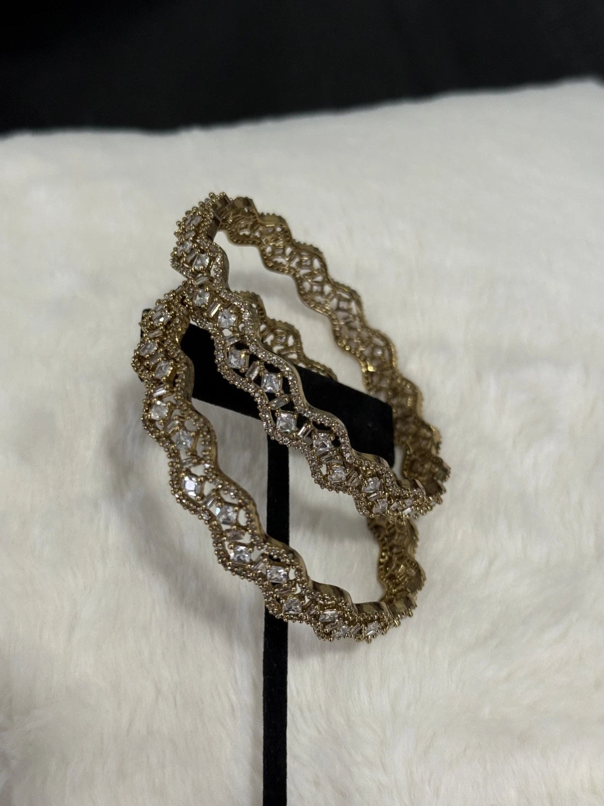 Gold Tone American Diamond Bangles Set Size 2.10 Elegant Wavy Crystal Design