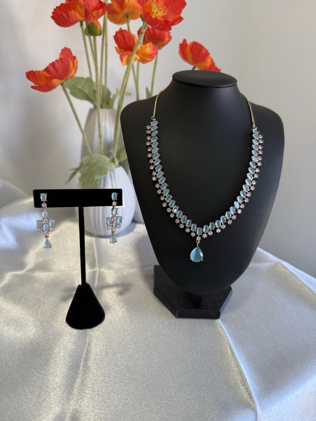 Aqua Blue Crystal Necklace & Earrings Set Rose Gold Tone Jewelry