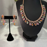 Rose Gold Multicolor CZ Necklace Earrings Set Indian Pakistani Bridal Jewelry