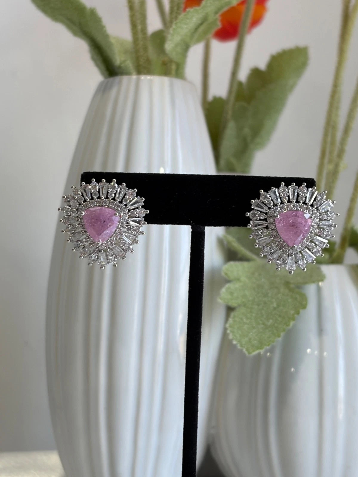 Pink & Green Stone Halo Stud Earrings Silver Tone CZ Statement Jewelry