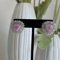 Pink & Green Stone Halo Stud Earrings Silver Tone CZ Statement Jewelry