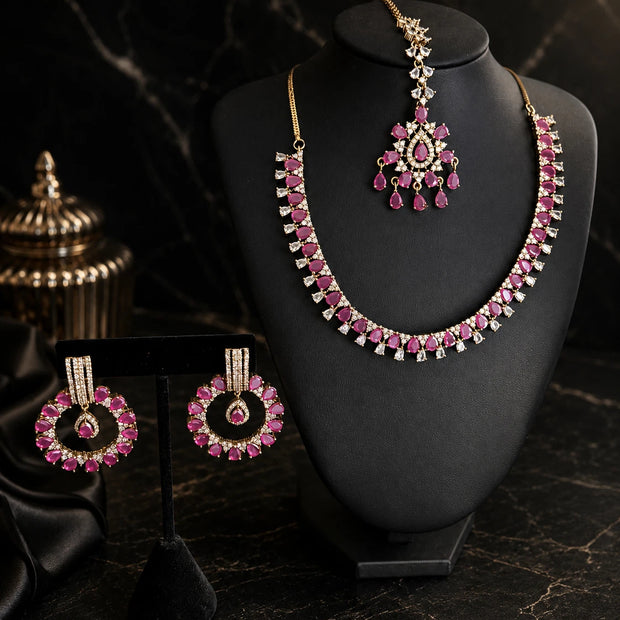 Pink CZ Gold Tone Necklace Earrings Tikka Set Indian Pakistani Bridal Jewelry
