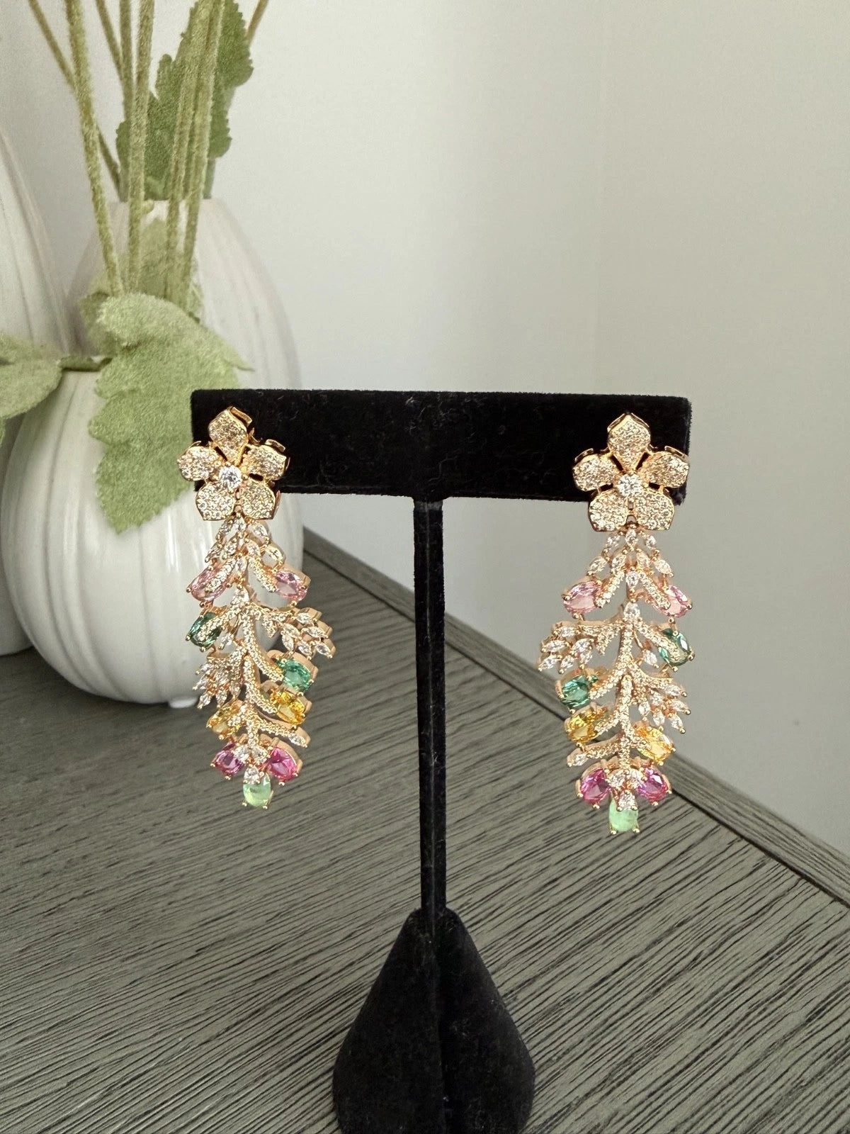 Hazoori Luxury Floral Crystal Statement Earrings | Multicolor Gemstone Earrings