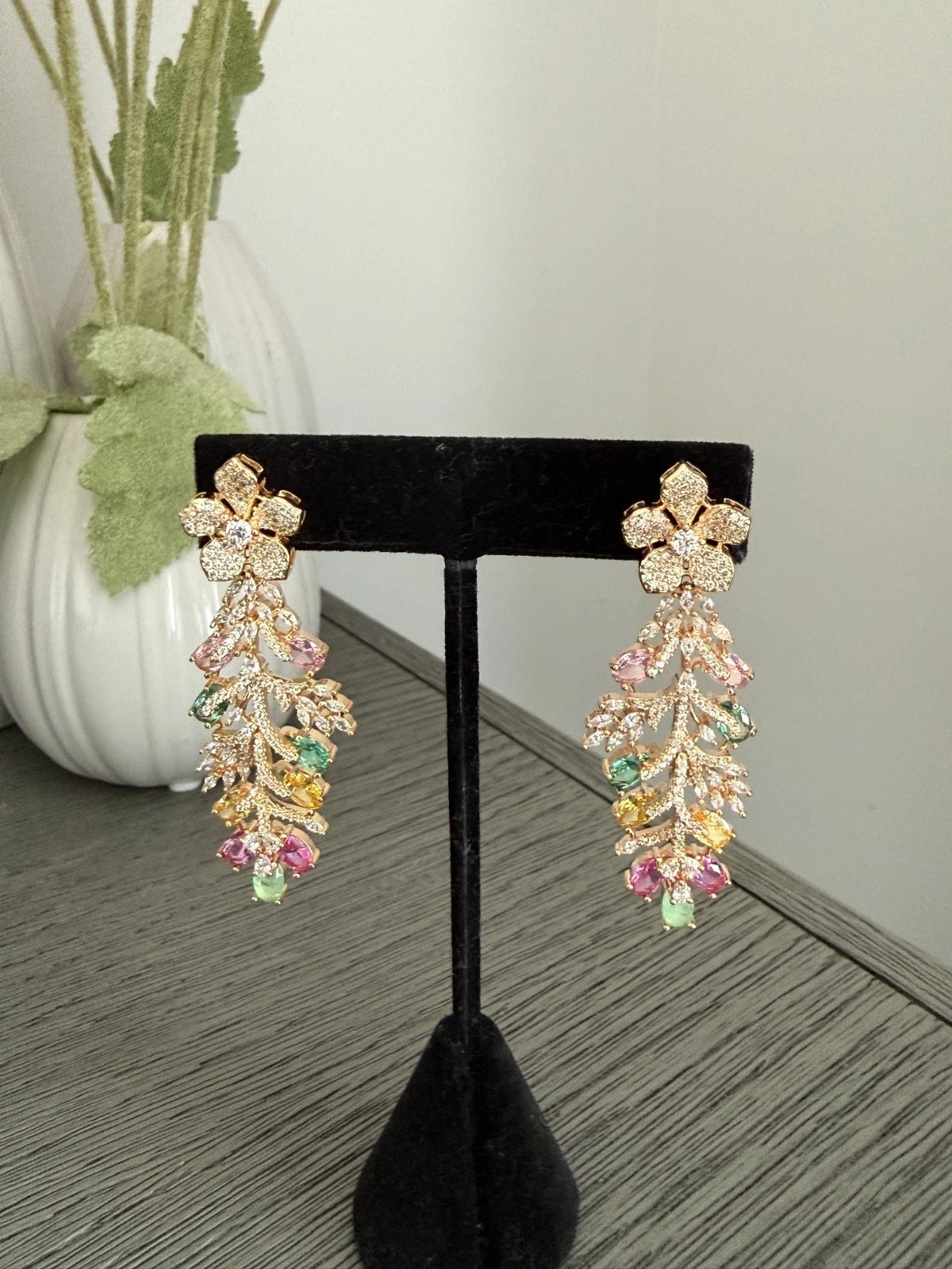 Hazoori Luxury Floral Crystal Statement Earrings | Multicolor Gemstone Earrings