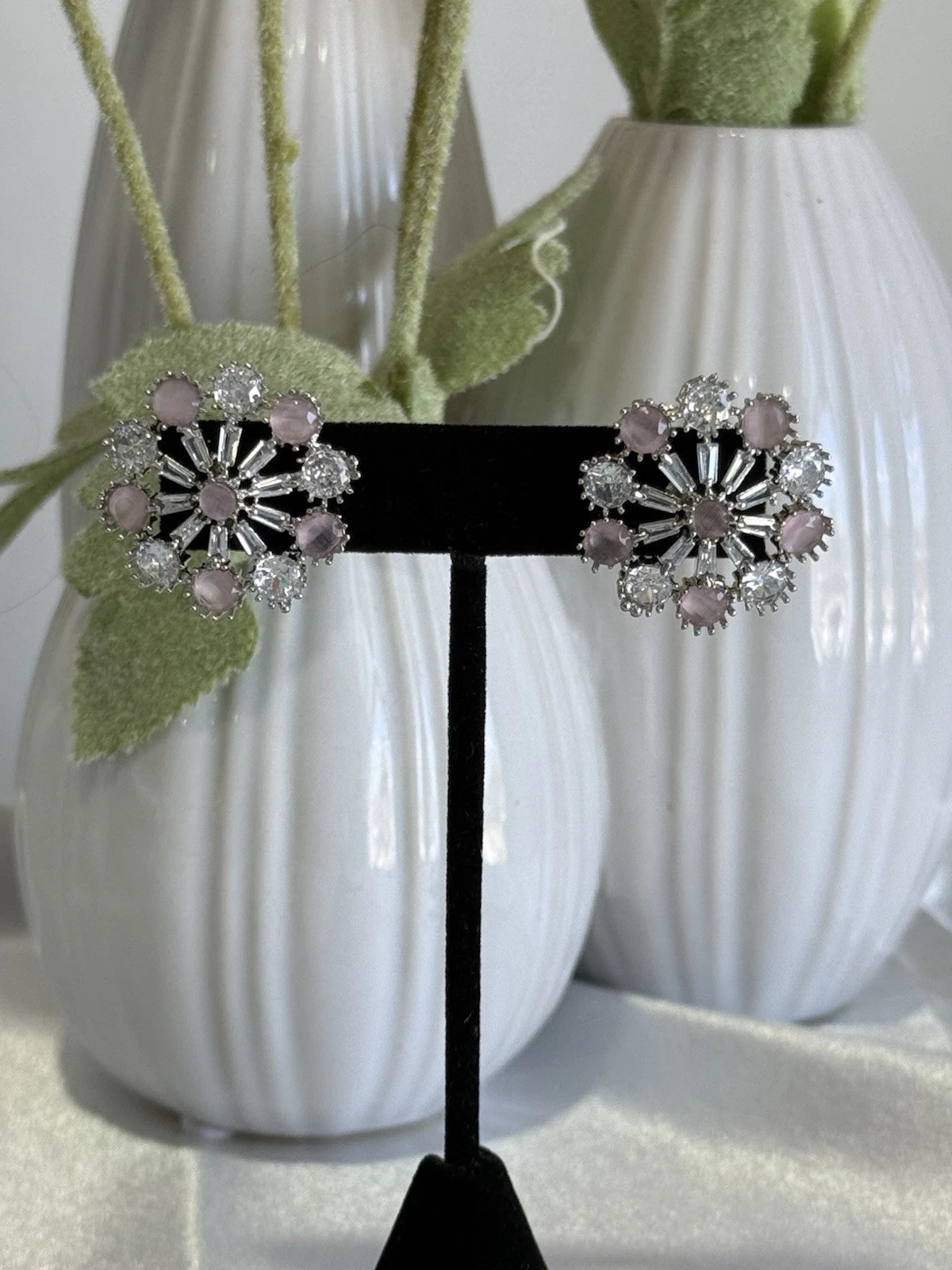 Blush Pink CZ Floral Stud Earrings Silver Tone Party Jewelry