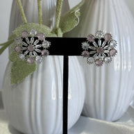 Blush Pink CZ Floral Stud Earrings Silver Tone Party Jewelry