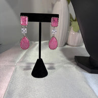 Pink CZ Silver Tone Drop Earrings Indian Pakistani Statement Jewelry