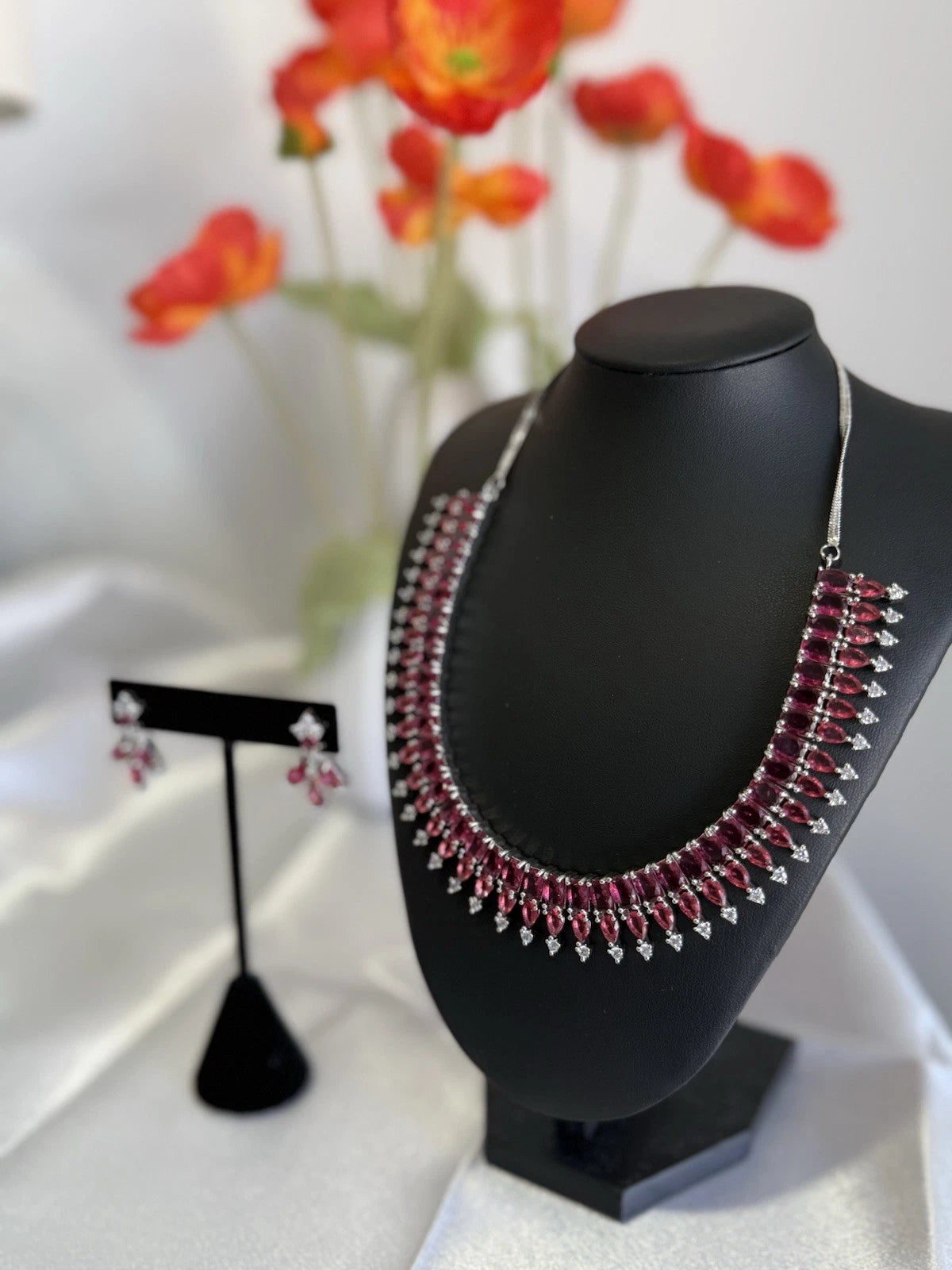 Ruby Pink CZ Necklace & Earrings Set Silver Tone Pakistani Jewelry
